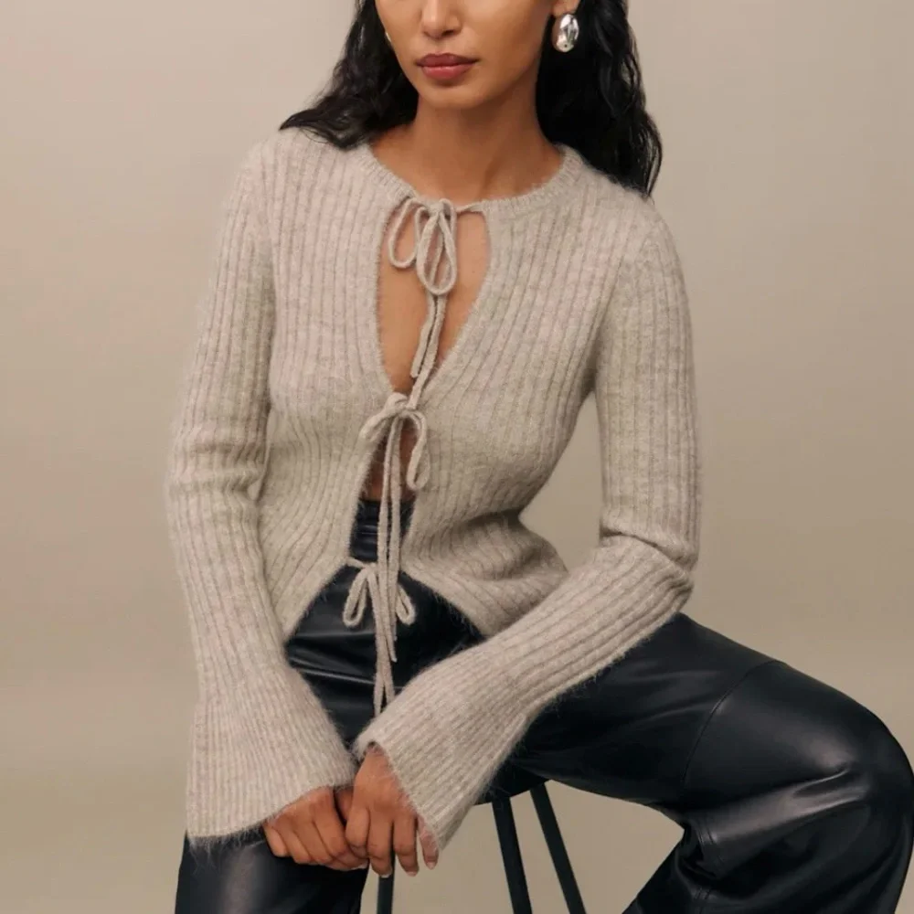 Reformation Rebecca Cashmere Alpaca Tie Front Cardigan Small in Barely Tan - Picture 7 of 8